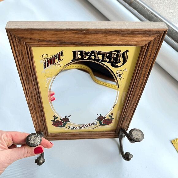 Vintage 1991 Hensley Wood-Framed Barbershop Mirror w/ Hooks, Rose Design - Picture 5 of 11